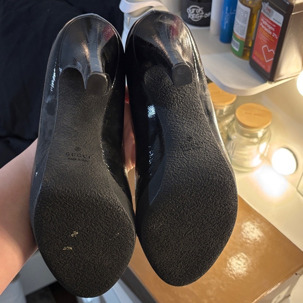 Gucci Shiny Black Peep-Toe Heels - Picture 6 of 9